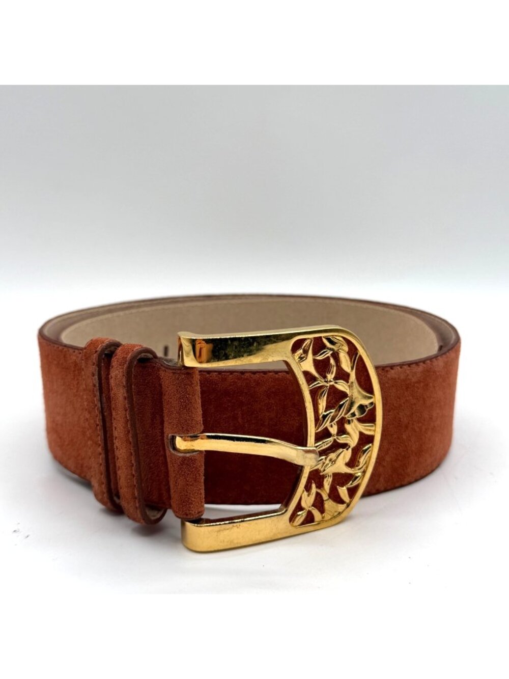 Vintage Cipriani Burnt Orange Genuine Suede Wide Belt Floral Brass Buckle Size M